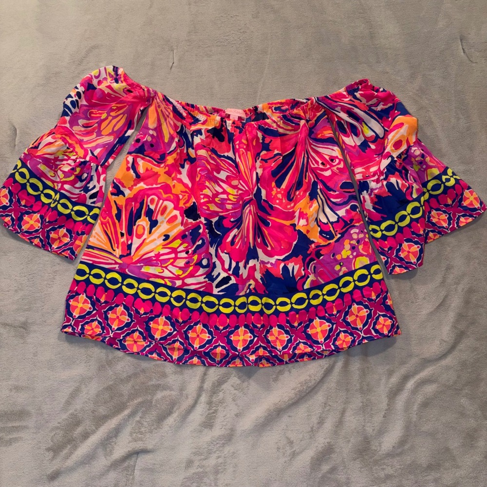 Lilly Pulitzer Pink Fusion Sanilla Butterfly Off Shoulder Sleeve Silk Top XS